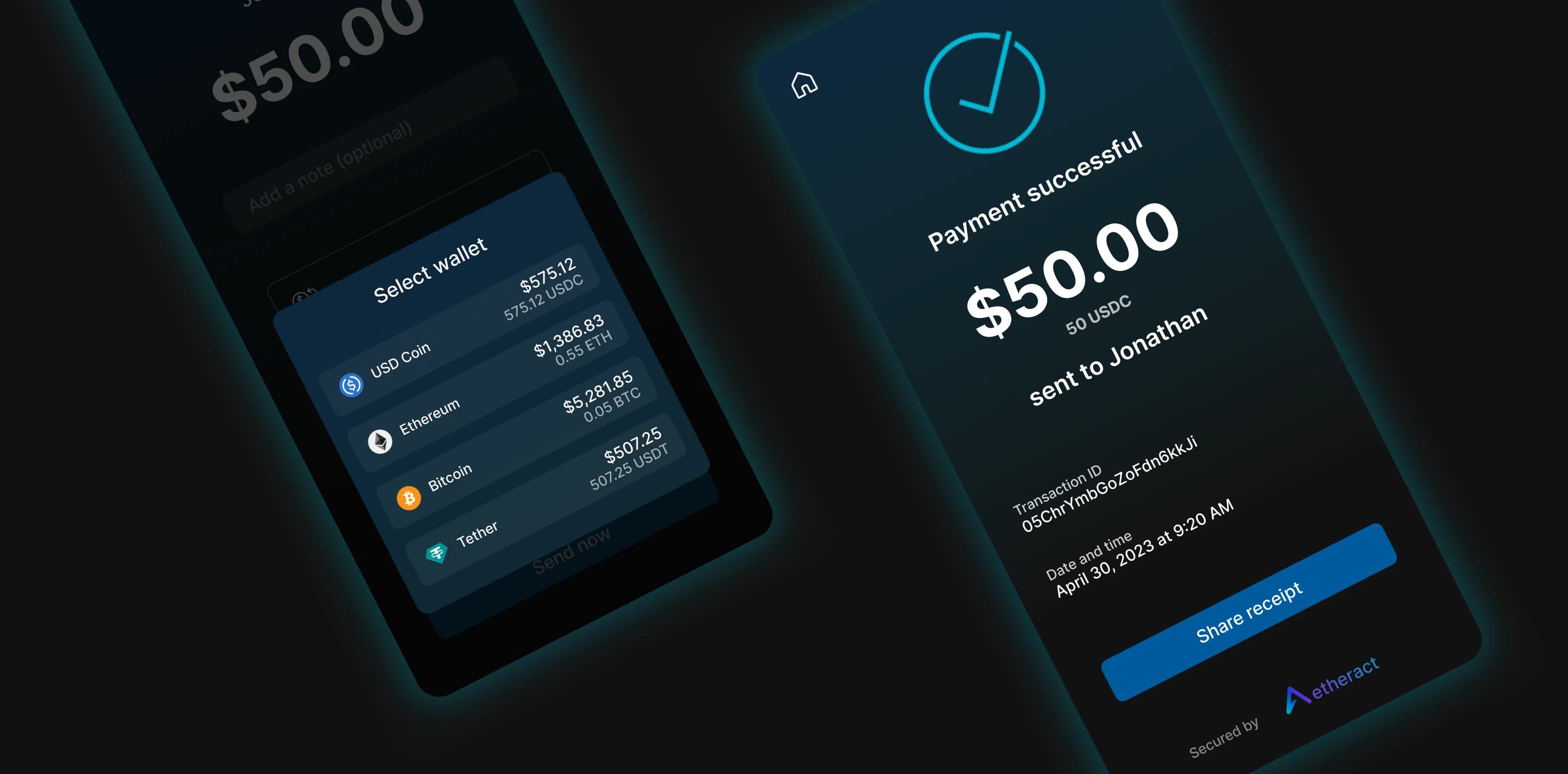 Aetheract mobile app payment flow highlight
