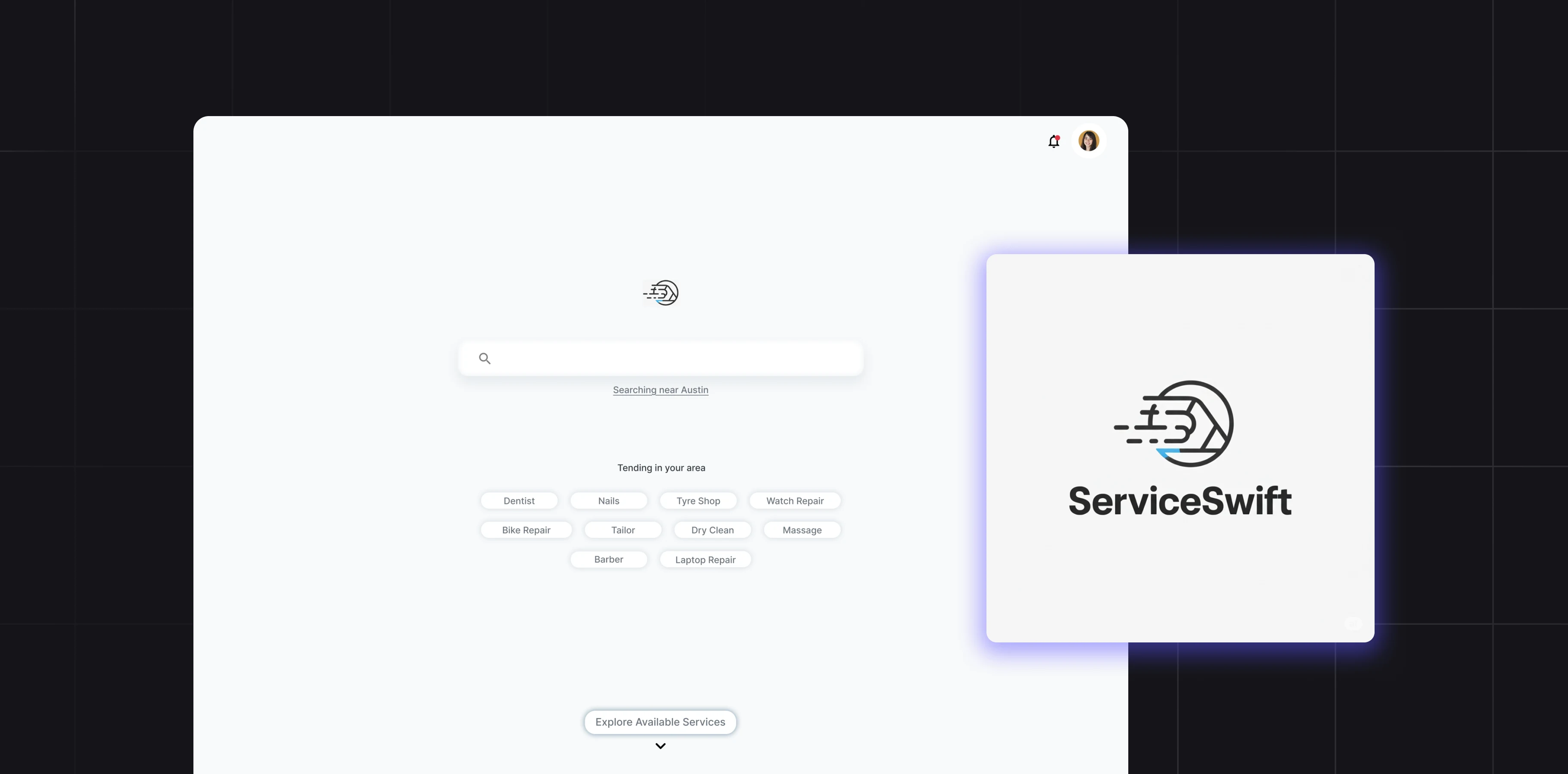 ServiceSwift website home page and brand logo